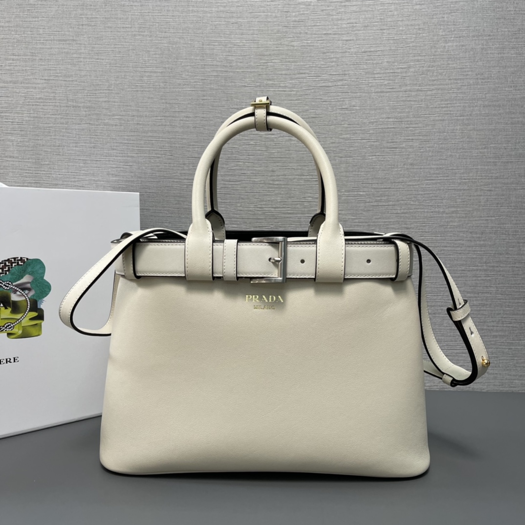 Prada Medium Buckle Leather Handbag Shoulder Bag With Belt White 1BA434